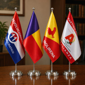 Set de banderas de escritorio para partidos políticos con distintos colores y logos