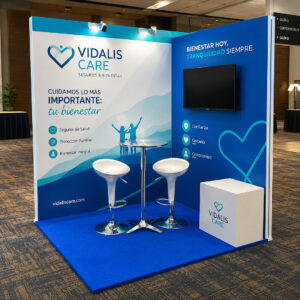 tand pequeño personalizado para una empresa de salud, equipado con mesa y silla para realizar charlas y brindar información
