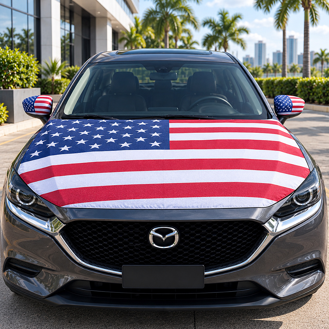 Bandera de Estados Unidos cubriendo el capó de un carro