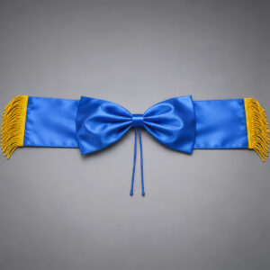 Moño decorativo azul con flecos dorados para banderas, montado en asta